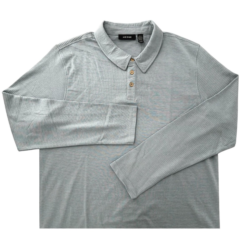 NEW Hedge Blue-Gray Textured Stripe Long Sleeve Stretch Polo Shirt Men's Large